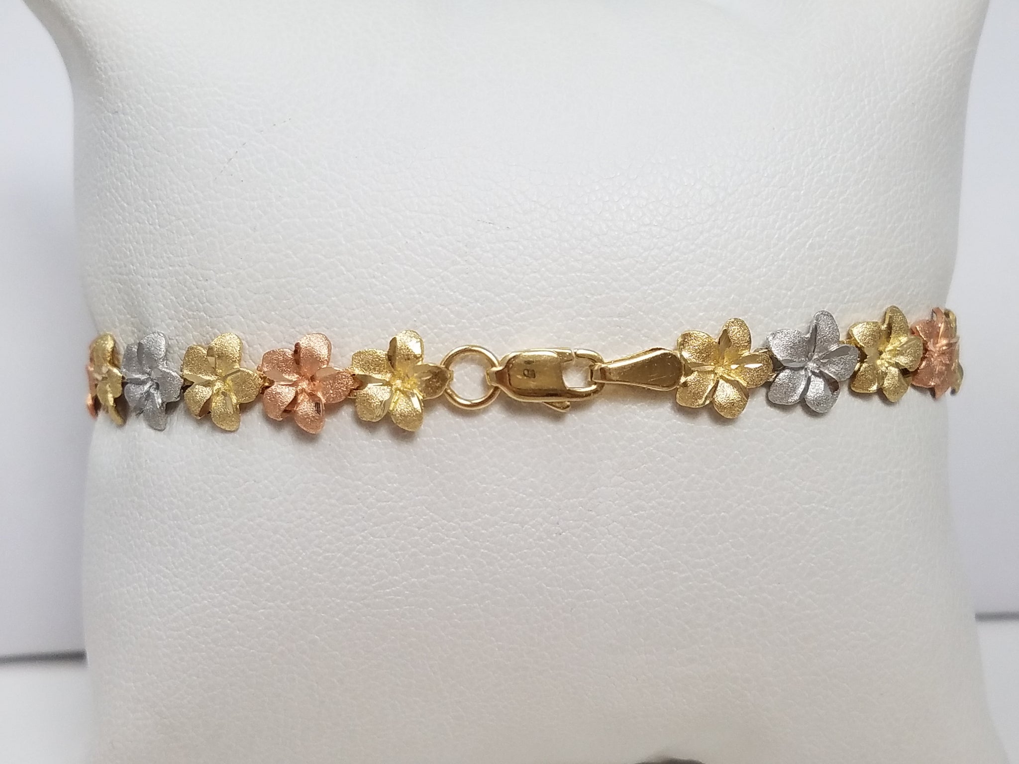 Precious 7.25" 14k Tri Color Gold Plumeria Flower Bracelet