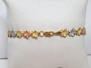 Precious 7.25" 14k Tri Color Gold Plumeria Flower Bracelet