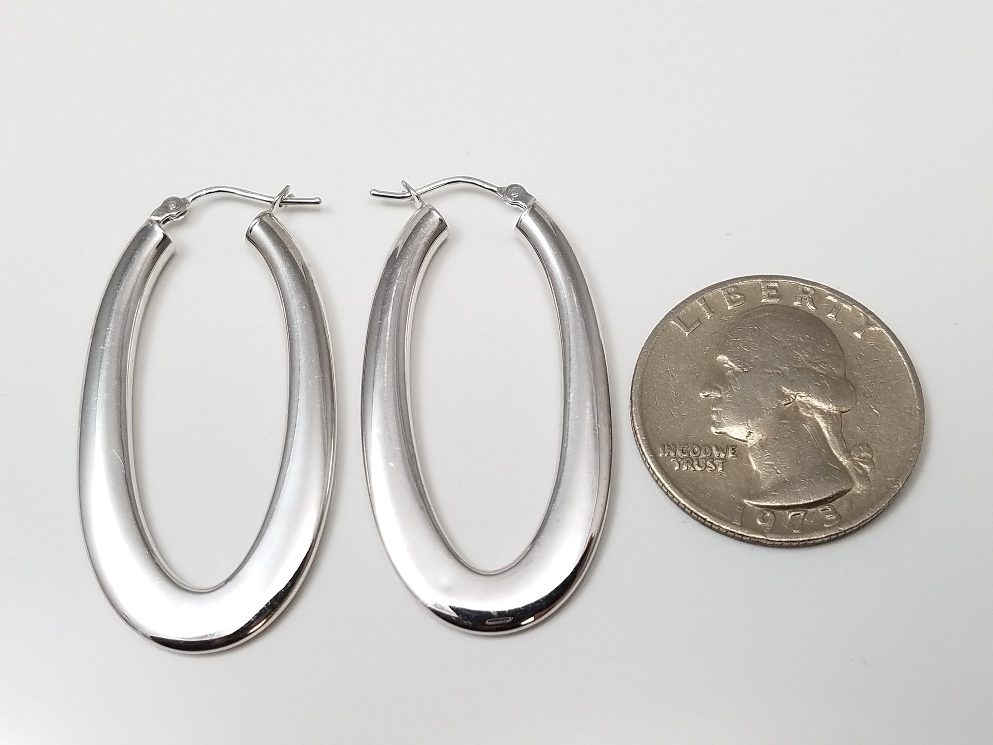 Fabulous 14k White Gold Elongated Hollow Hoop Earrings