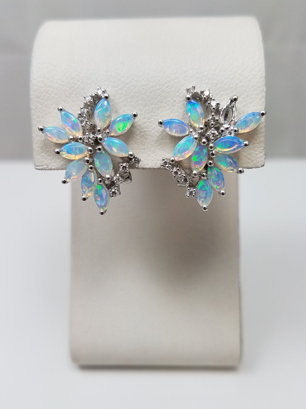 Glamorous 14k White Gold Natural Opal Diamond Leverback Earrings