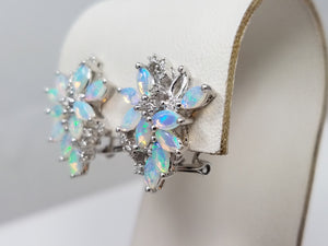 Glamorous 14k White Gold Natural Opal Diamond Leverback Earrings