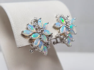Glamorous 14k White Gold Natural Opal Diamond Leverback Earrings