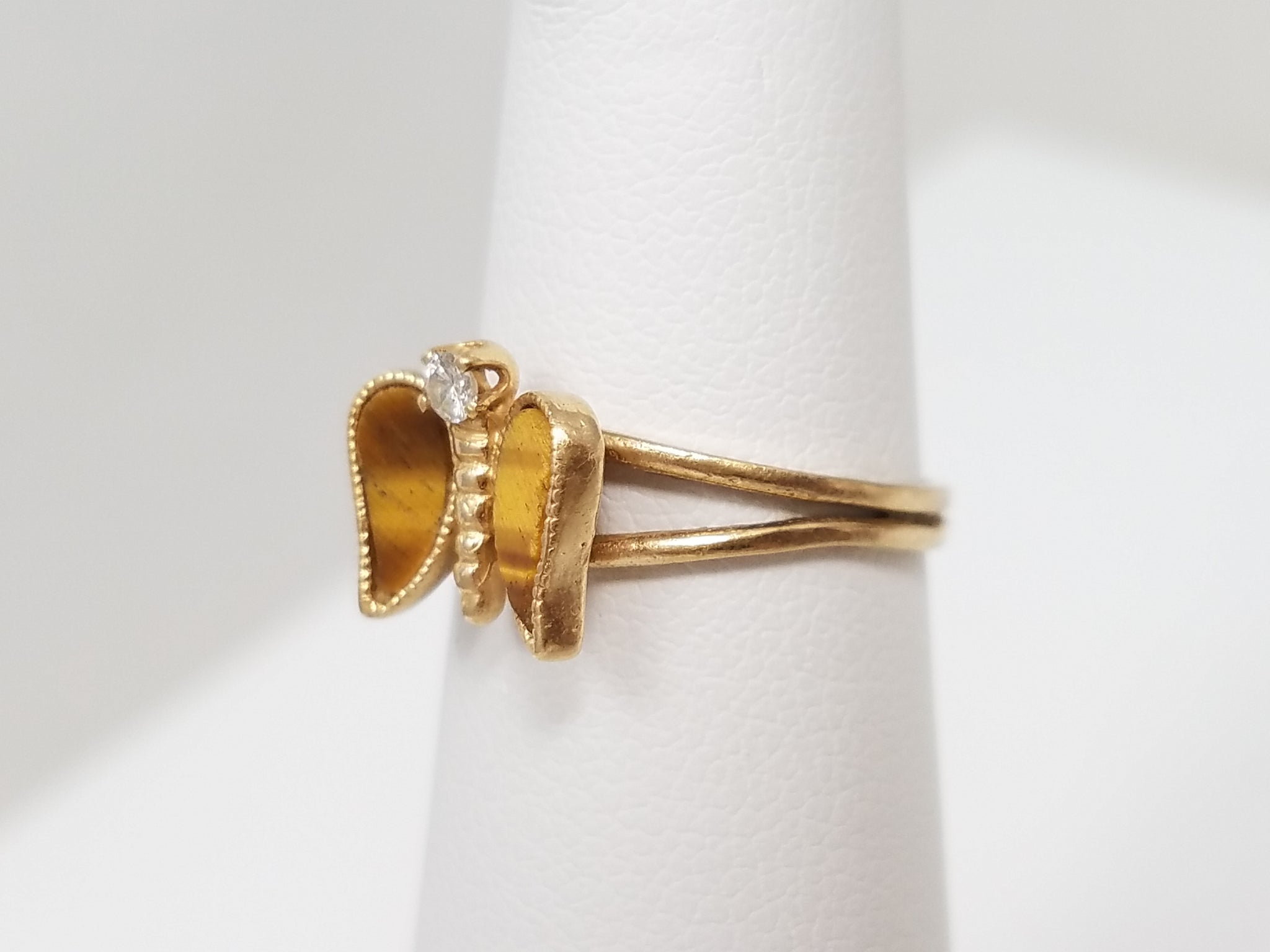 Cute 14k Yellow Gold Tiger Eye Diamond Butterfly Ring