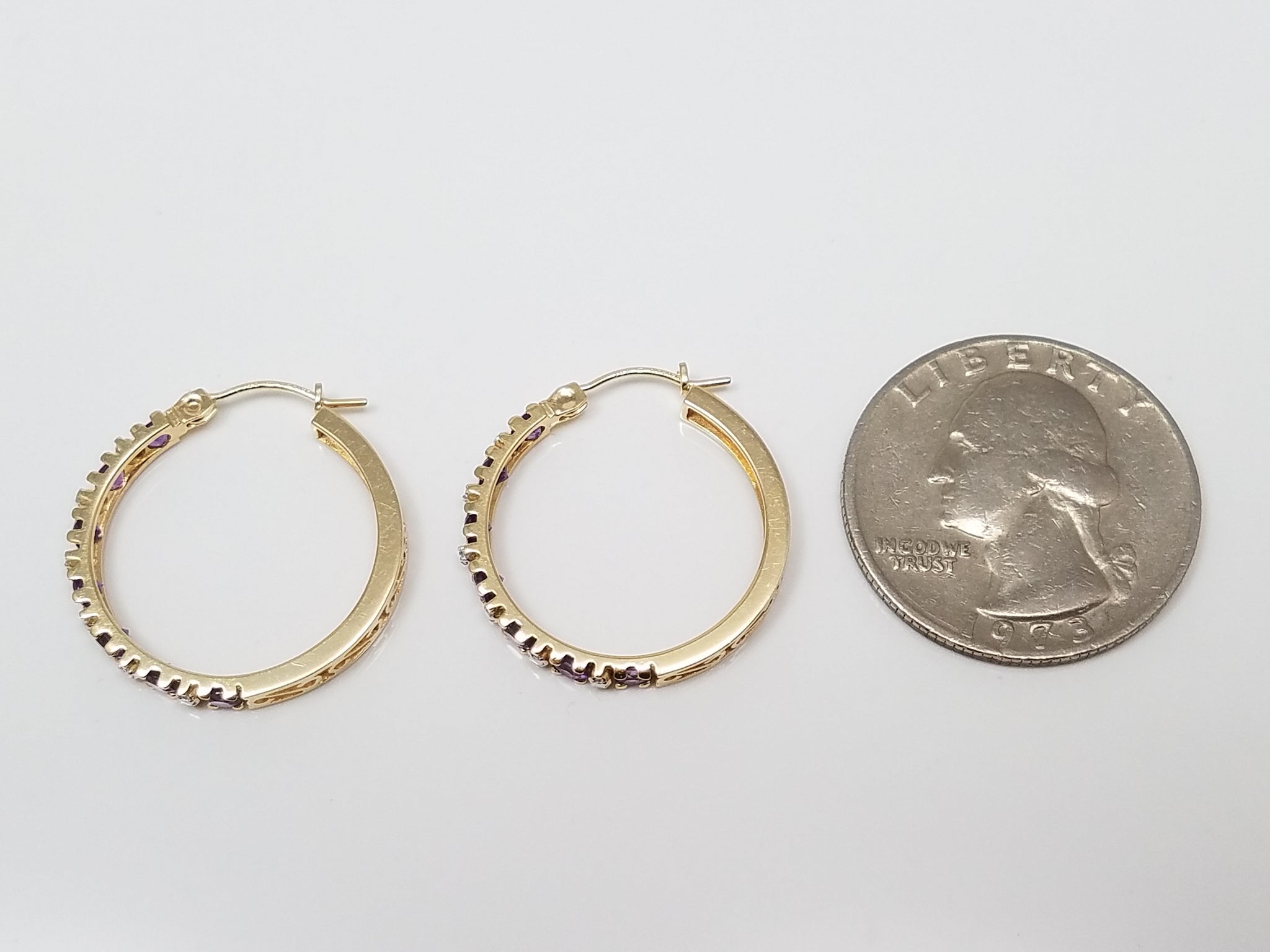 Extravagant 14k Yellow Gold Natural Amethyst Diamond Hoop Earrings