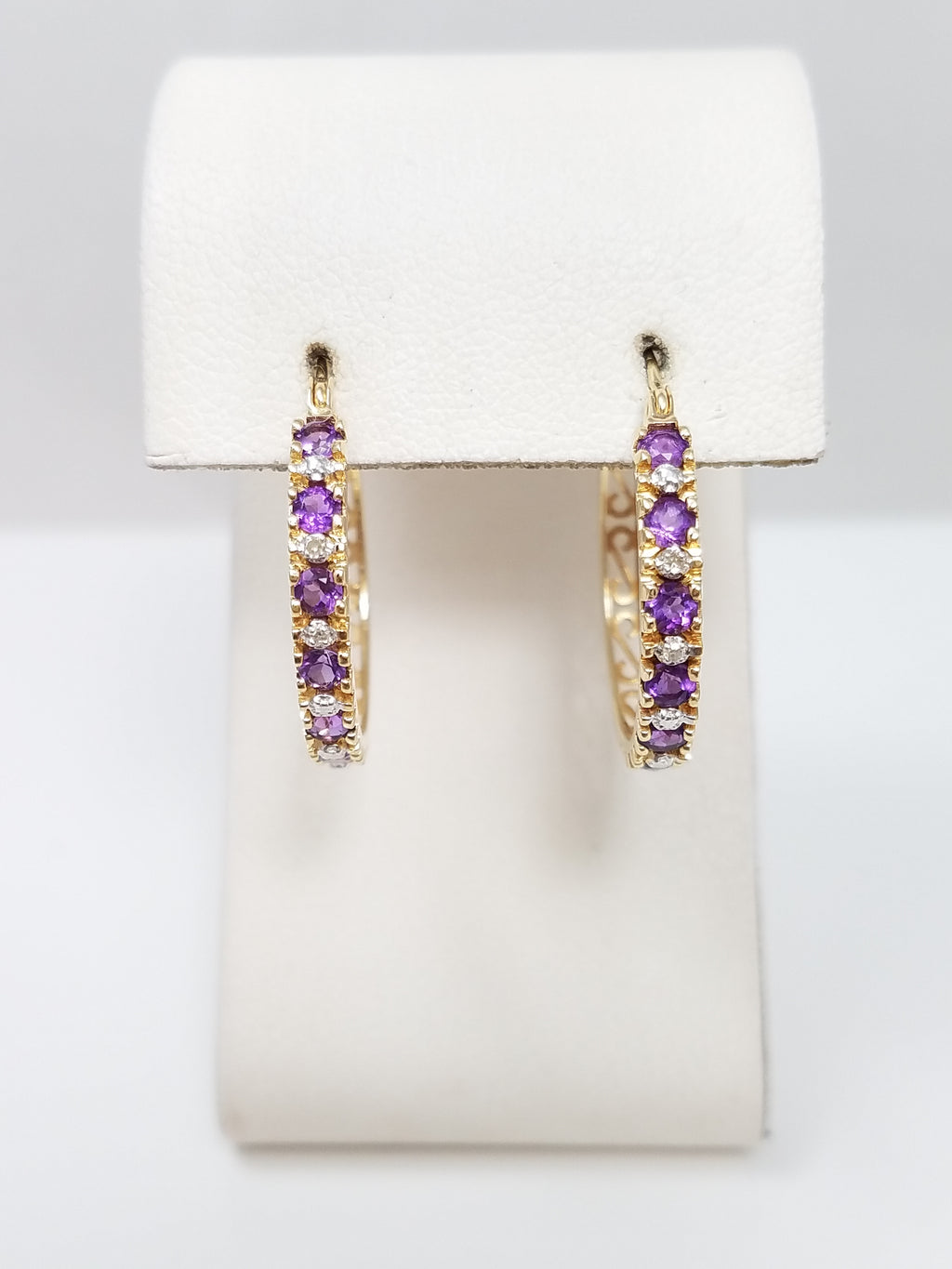 Extravagant 14k Yellow Gold Natural Amethyst Diamond Hoop Earrings