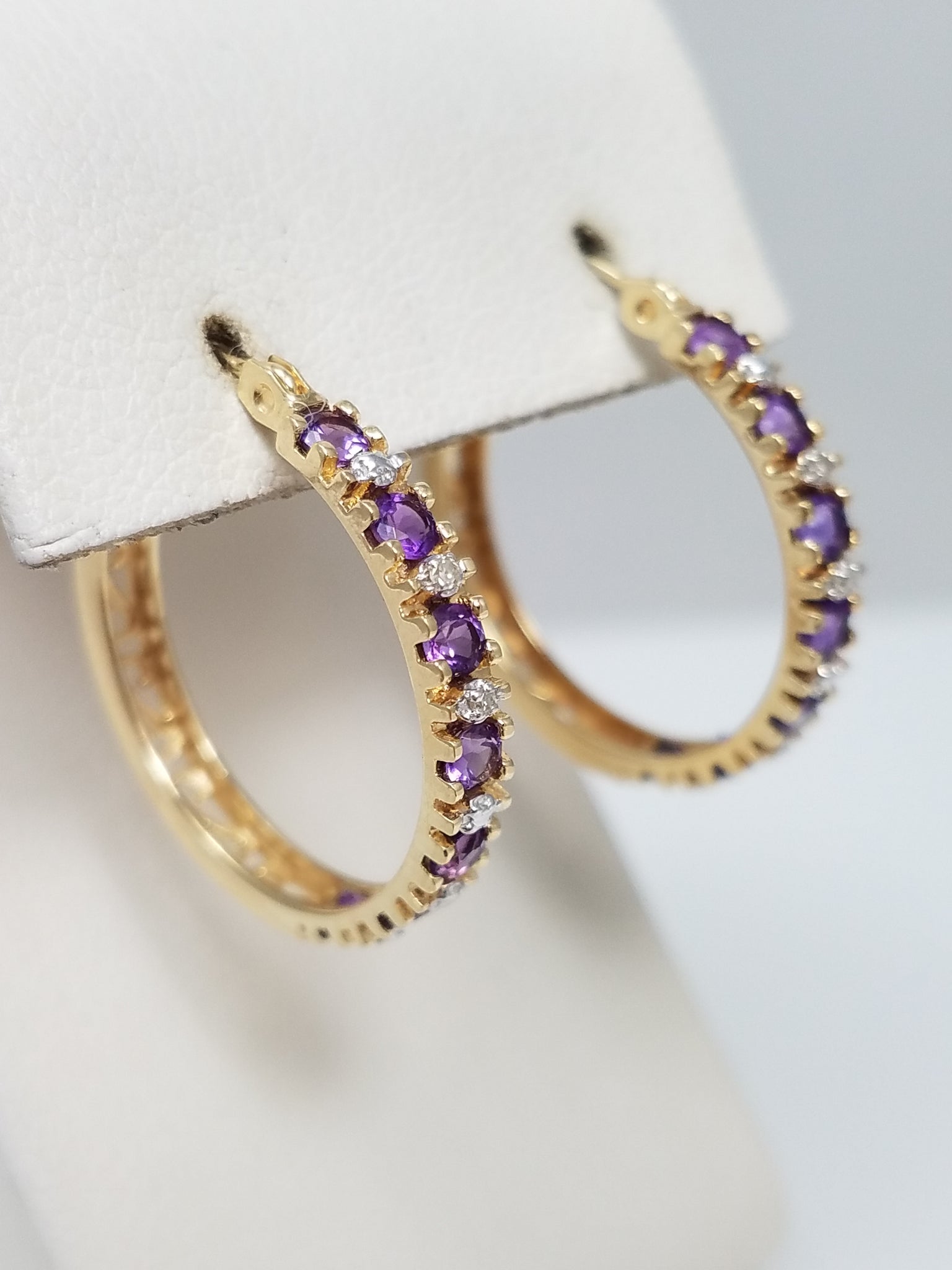 Extravagant 14k Yellow Gold Natural Amethyst Diamond Hoop Earrings