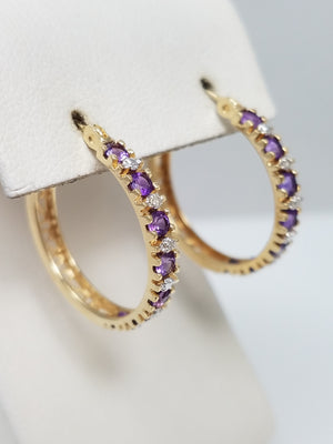 Extravagant 14k Yellow Gold Natural Amethyst Diamond Hoop Earrings