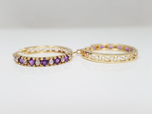 Extravagant 14k Yellow Gold Natural Amethyst Diamond Hoop Earrings
