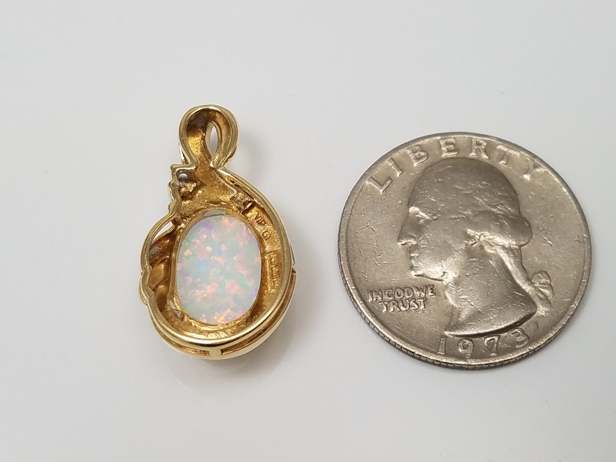 Colorful 10k Yellow Gold Lab Created Opal Natural Diamond Pendant