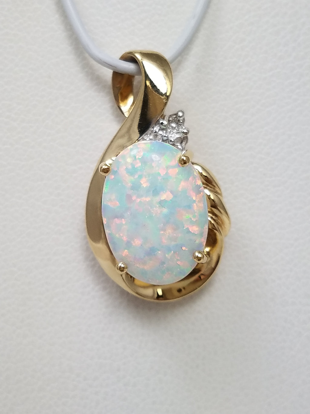 Colorful 10k Yellow Gold Lab Created Opal Natural Diamond Pendant