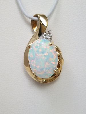 Colorful 10k Yellow Gold Lab Created Opal Natural Diamond Pendant