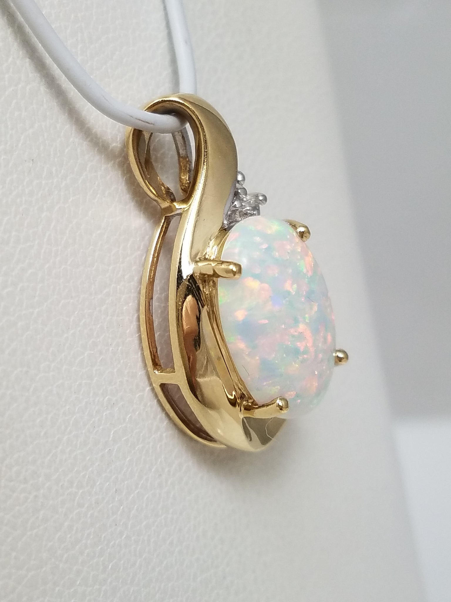 Colorful 10k Yellow Gold Lab Created Opal Natural Diamond Pendant