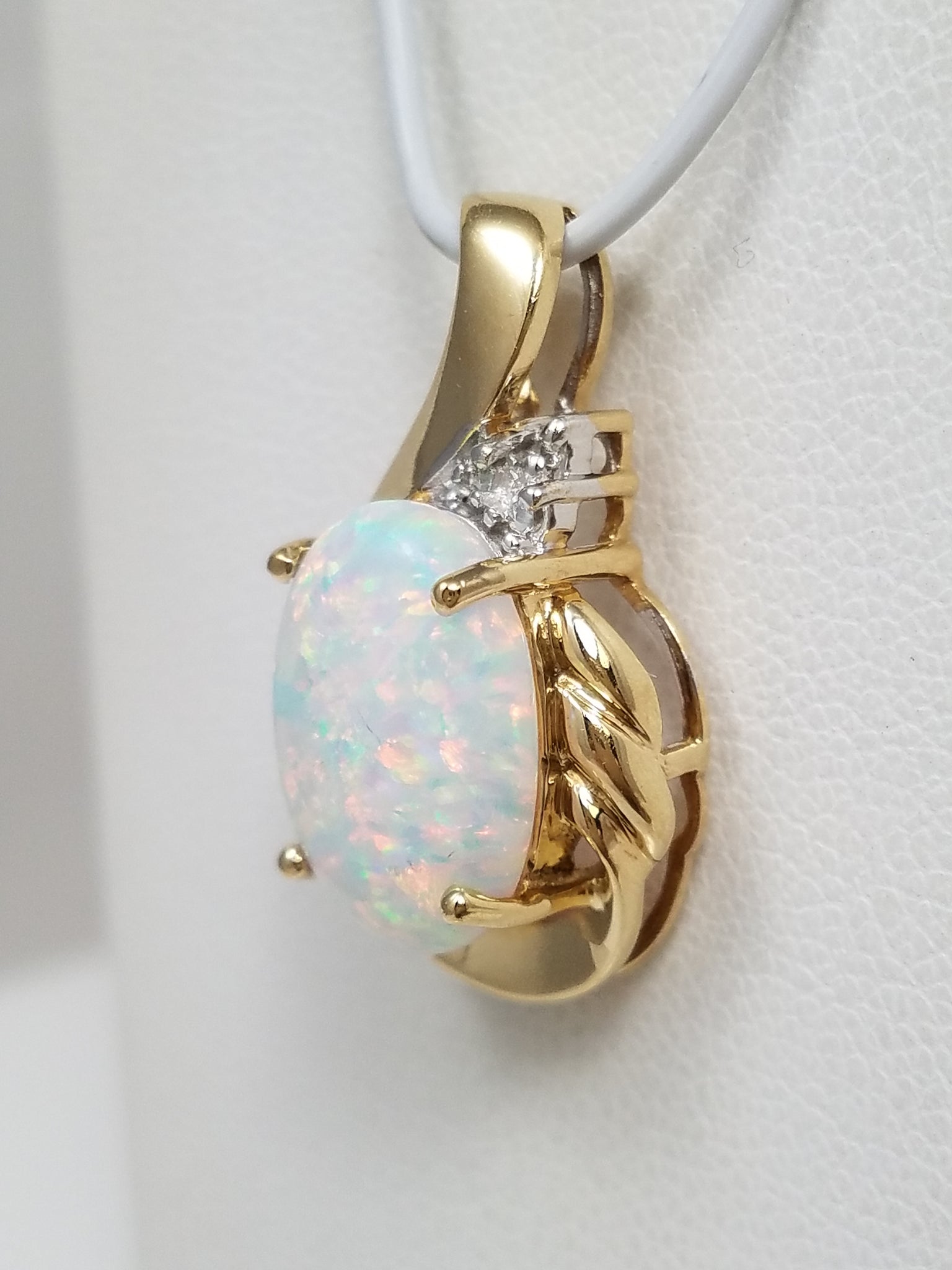 Colorful 10k Yellow Gold Lab Created Opal Natural Diamond Pendant