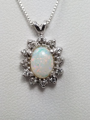 Simple 19" 14k White Gold Natural Opal Diamond Pendant Necklace