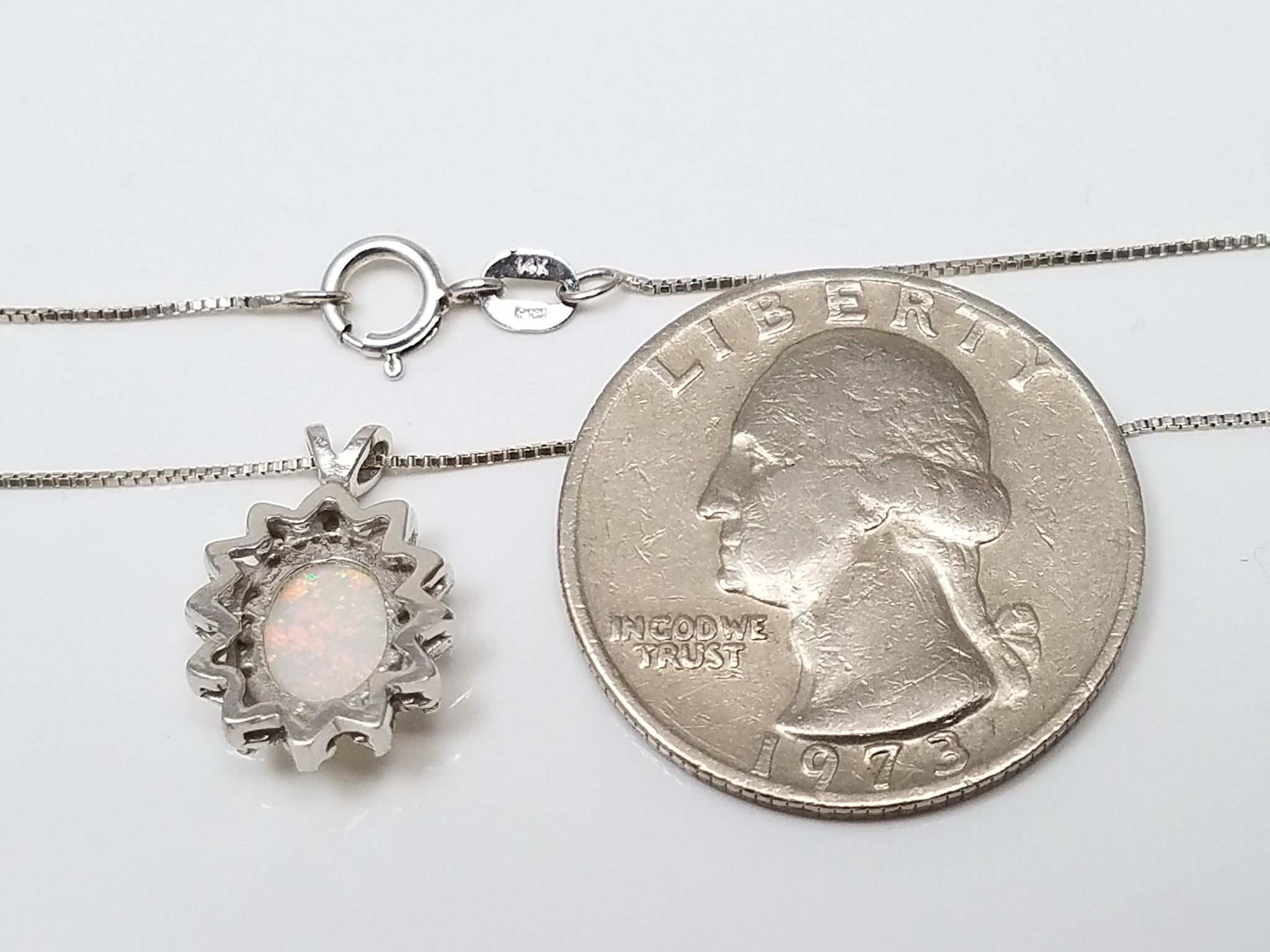 Simple 19" 14k White Gold Natural Opal Diamond Pendant Necklace