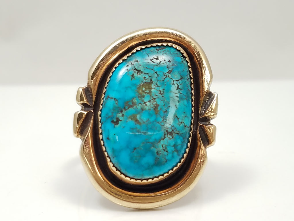 Extravagant Vintage 14k Yellow Gold Sterling Silver Natural Turquoise Ring