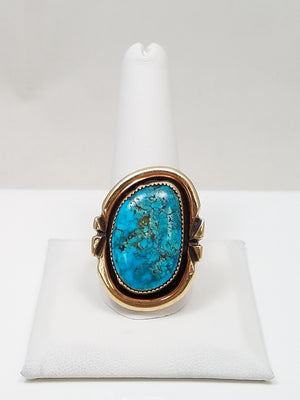 Extravagant Vintage 14k Yellow Gold Sterling Silver Natural Turquoise Ring