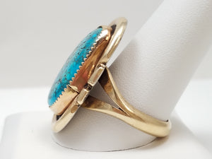 Extravagant Vintage 14k Yellow Gold Sterling Silver Natural Turquoise Ring