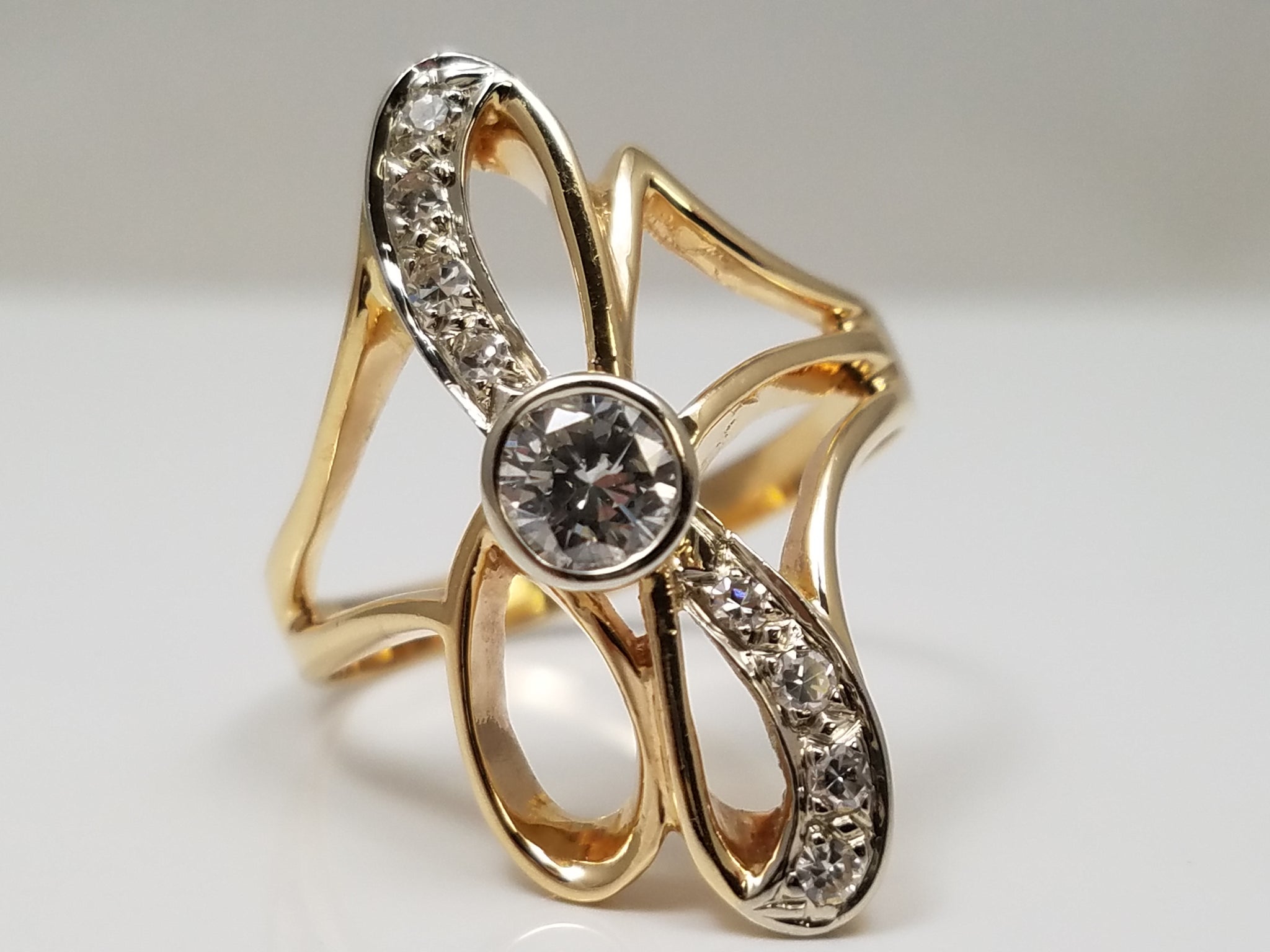 Two Tone 14k Gold Diamond Crossover Ring