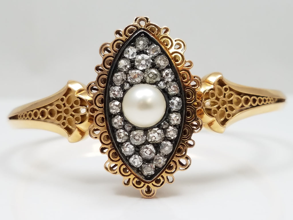 Stunning 1850-1890's 18k Yellow Gold Pearl Diamond Bangle Bracelet