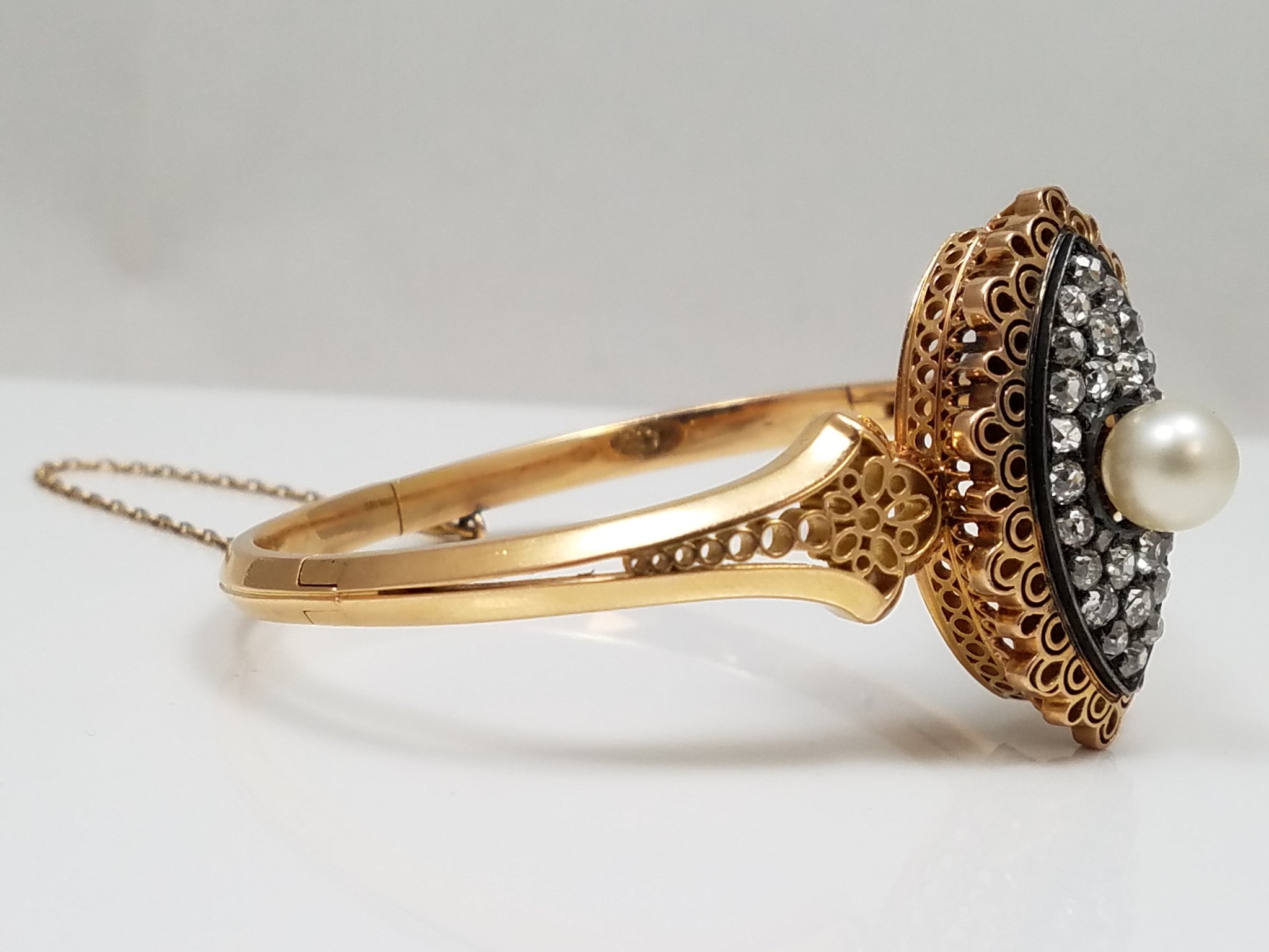 Stunning 1850-1890's 18k Yellow Gold Pearl Diamond Bangle Bracelet