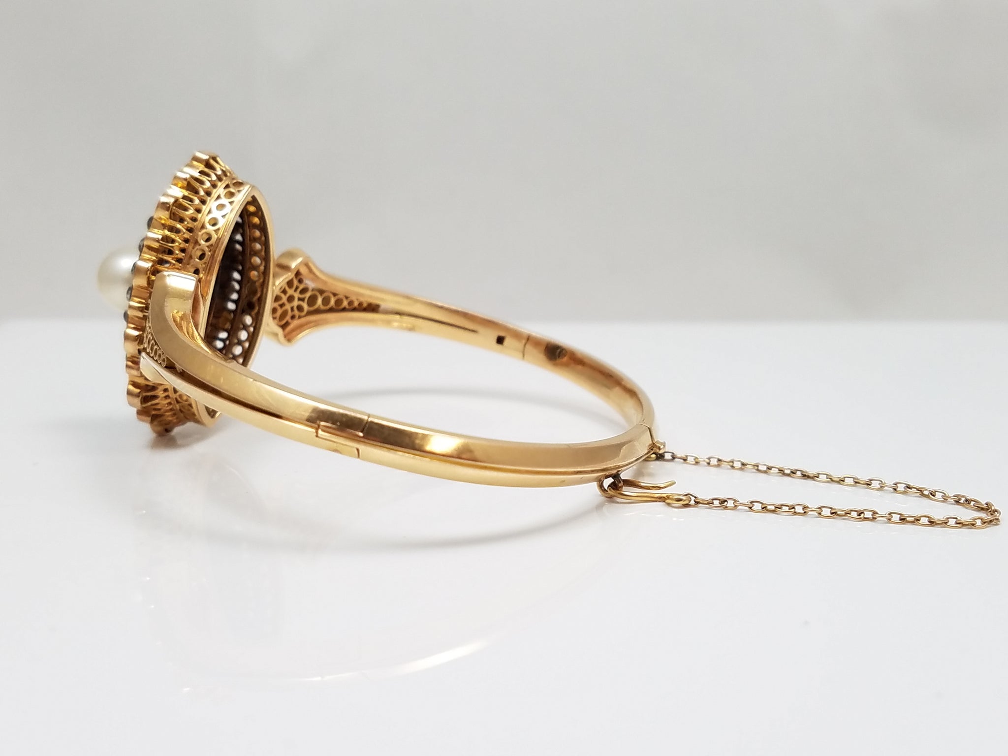 Stunning 1850-1890's 18k Yellow Gold Pearl Diamond Bangle Bracelet