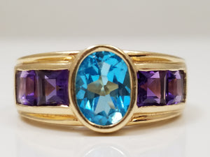 Gleaming 14k Yellow Gold Natural Blue Topaz Amethyst Ring