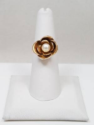 Vintage Handmade 14k Yellow Gold Pearl Flower Ring