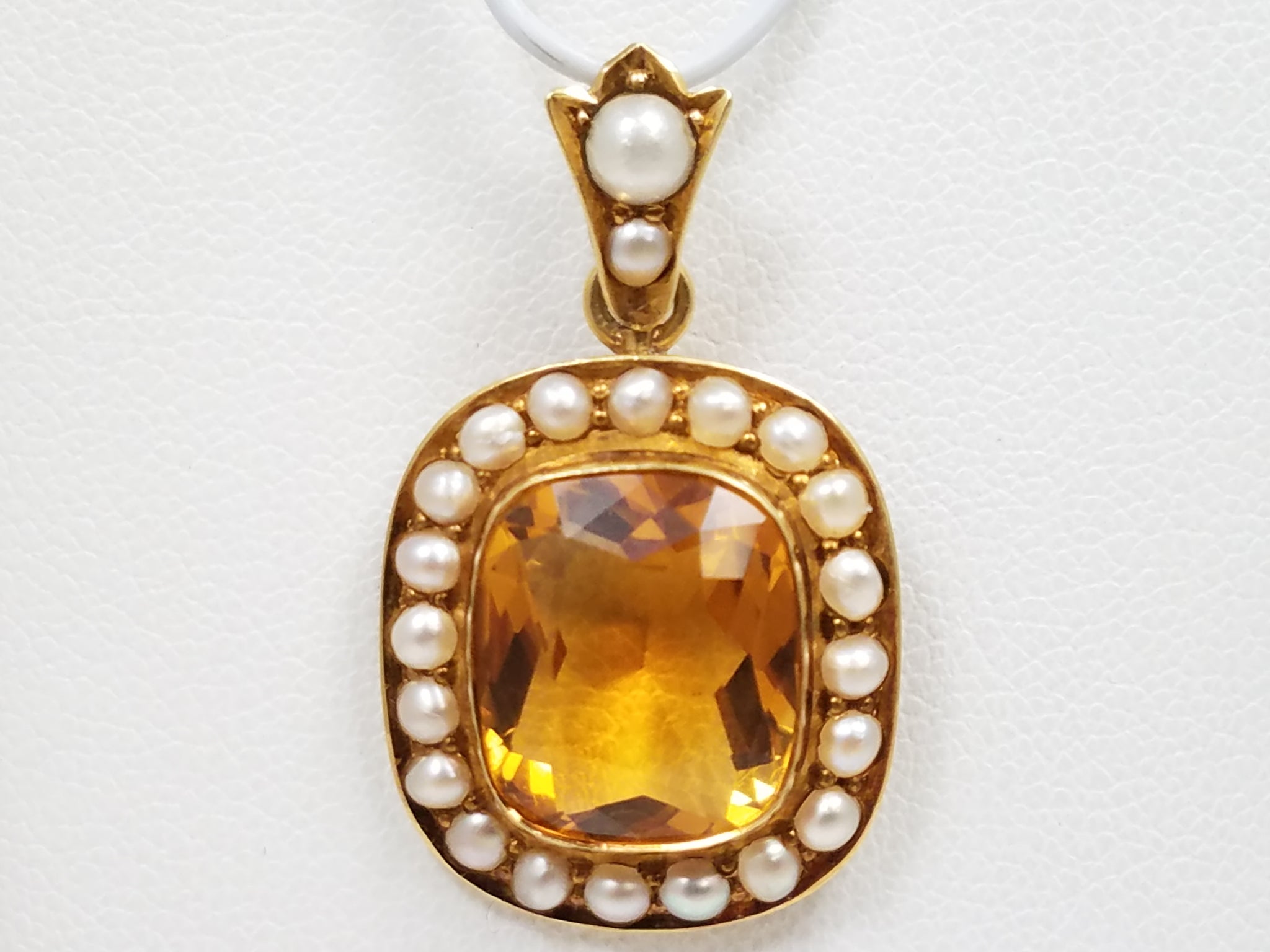 Vintage Citrine Seed Pearl 18k Yellow Gold Pendant