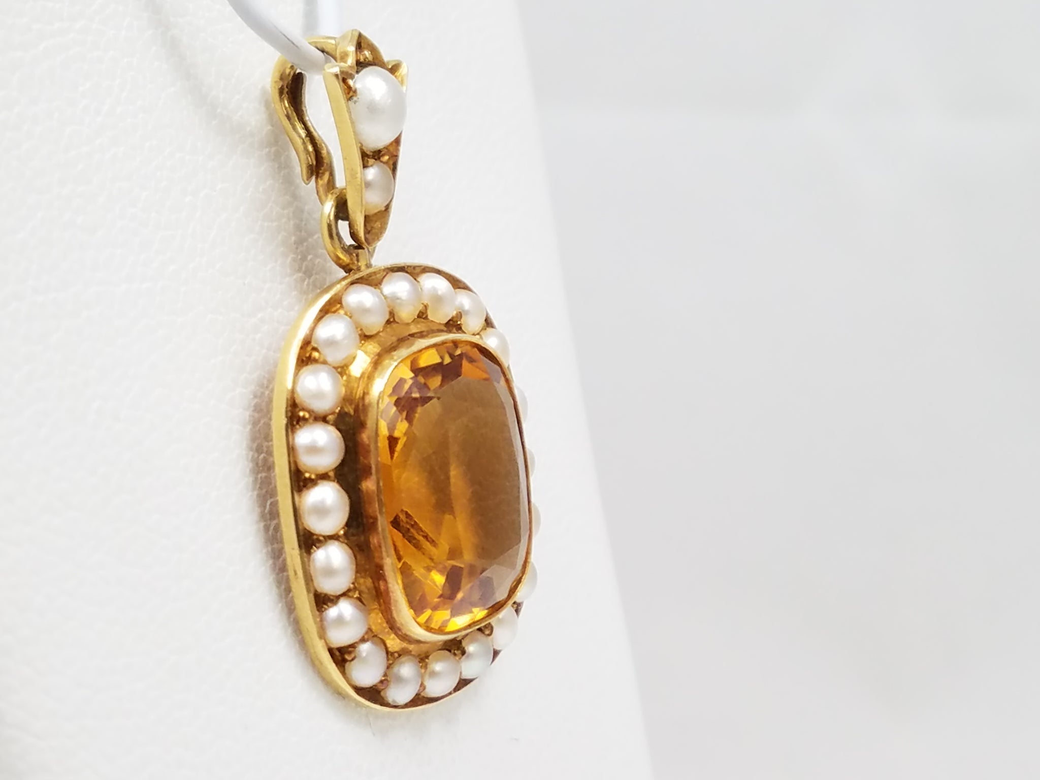 Vintage Citrine Seed Pearl 18k Yellow Gold Pendant