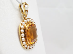 Vintage Citrine Seed Pearl 18k Yellow Gold Pendant