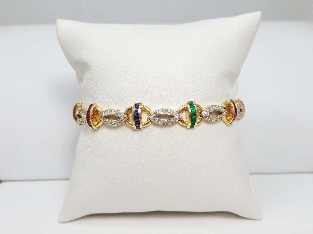 Spectacular 18k Yellow Gold Ruby, Emerald, Sapphire Diamond 7" Bracelet