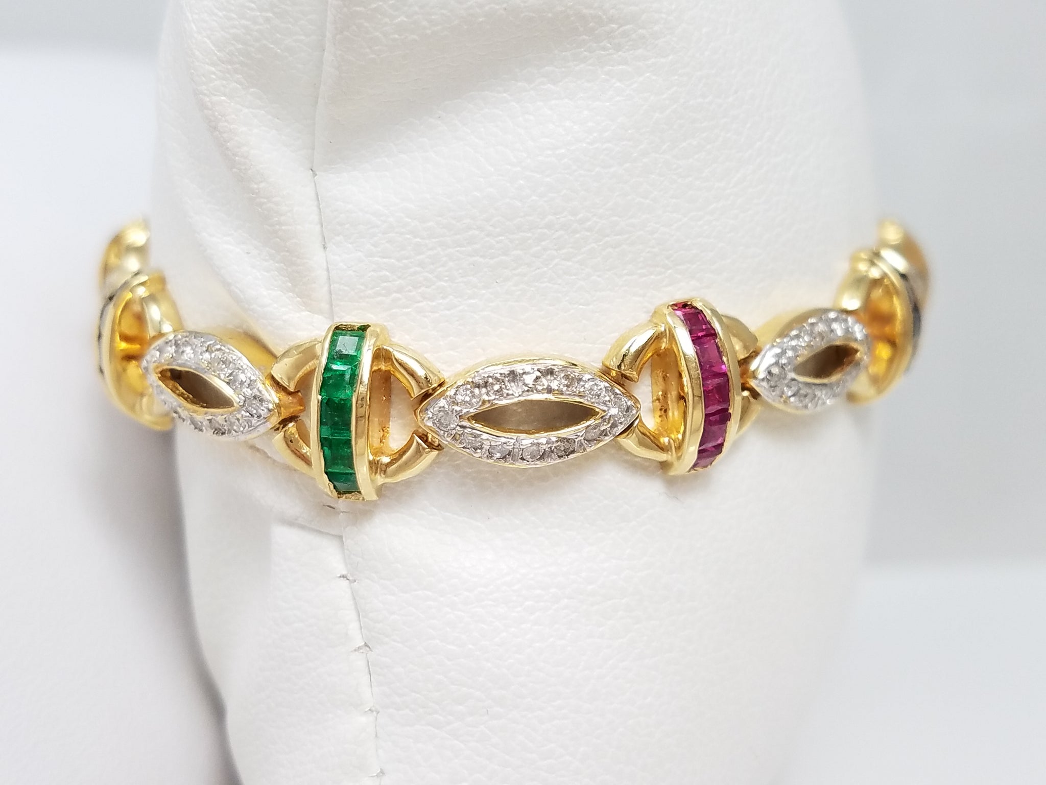 Spectacular 18k Yellow Gold Ruby, Emerald, Sapphire Diamond 7" Bracelet