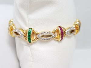 Spectacular 18k Yellow Gold Ruby, Emerald, Sapphire Diamond 7" Bracelet