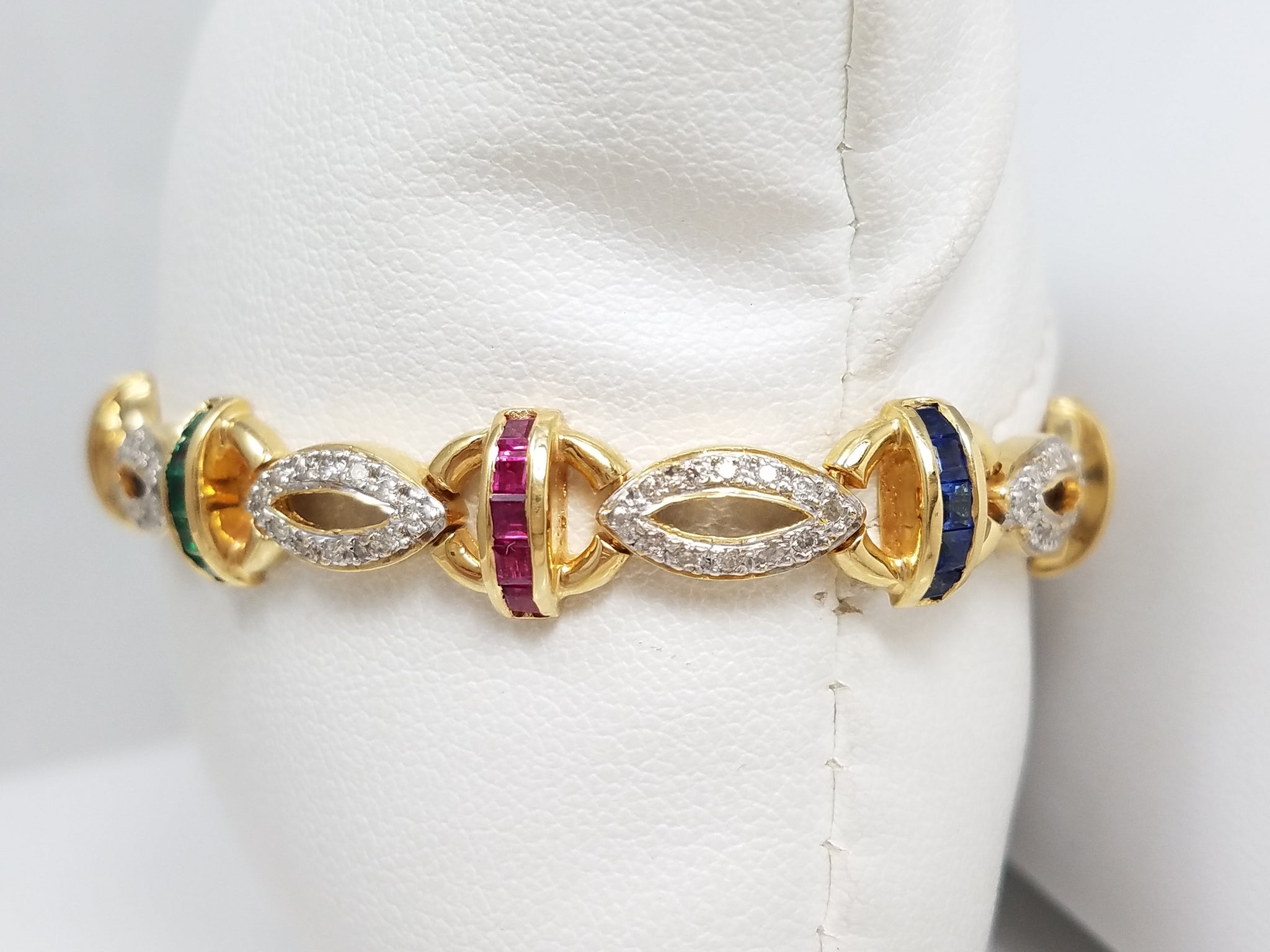 Spectacular 18k Yellow Gold Ruby, Emerald, Sapphire Diamond 7" Bracelet