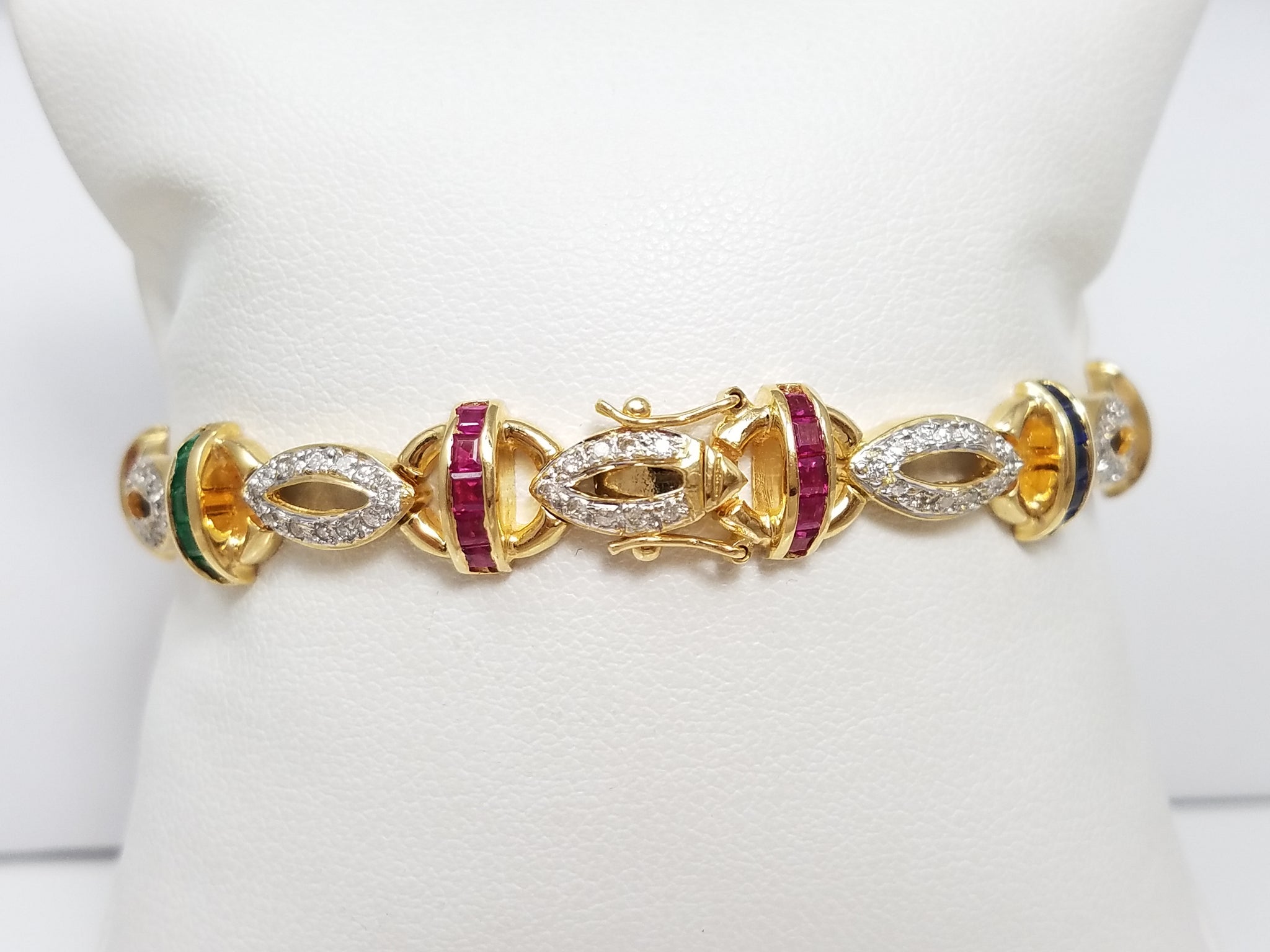 Spectacular 18k Yellow Gold Ruby, Emerald, Sapphire Diamond 7" Bracelet