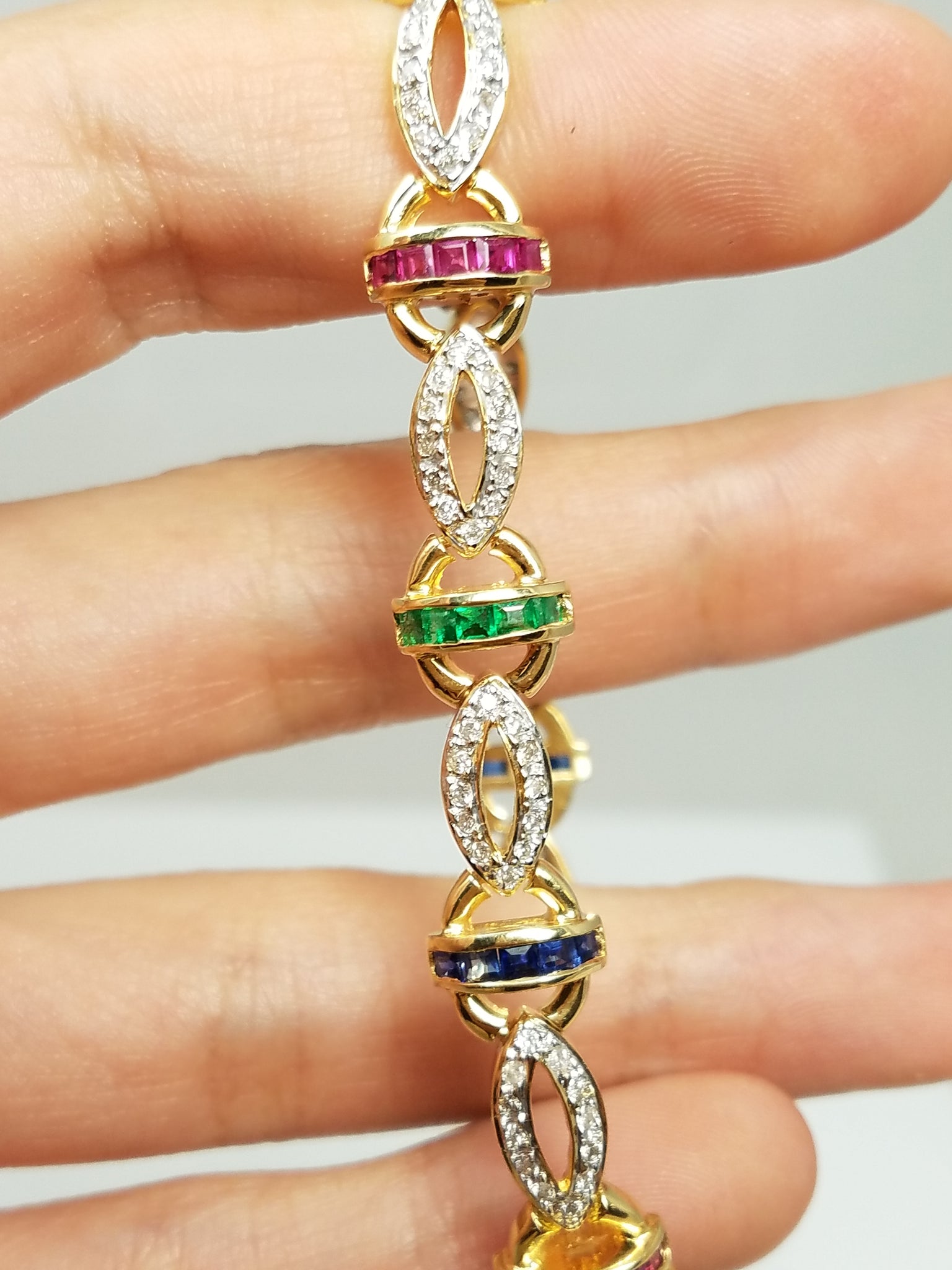 Spectacular 18k Yellow Gold Ruby, Emerald, Sapphire Diamond 7" Bracelet
