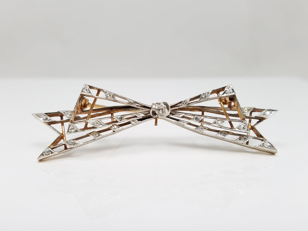 *To Restore* Art Deco 14k Yellow Gold/Platinum Natural Diamond Bow Pin