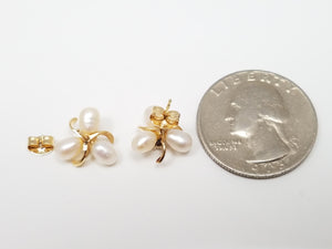 Elegant 14k Yellow Gold Cultured Pearl Natural Diamond Earrings