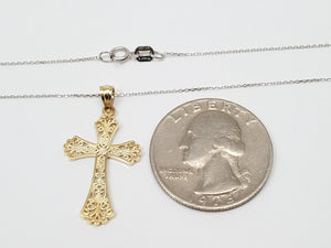 14k Two Tone Gold Filigree Cross Pendant Necklace