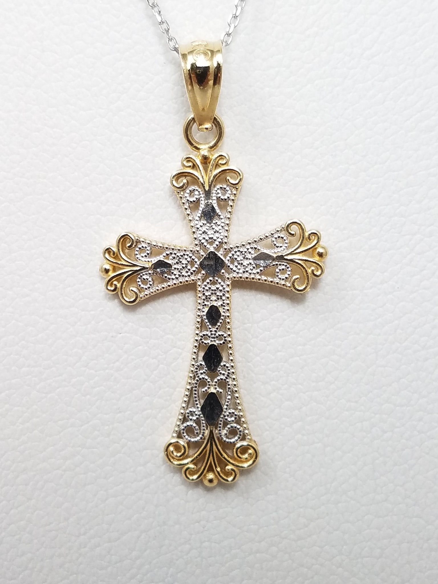 14k Two Tone Gold Filigree Cross Pendant Necklace