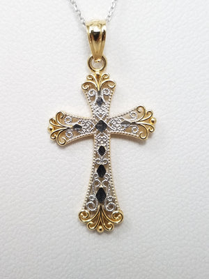 14k Two Tone Gold Filigree Cross Pendant Necklace