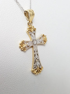 14k Two Tone Gold Filigree Cross Pendant Necklace
