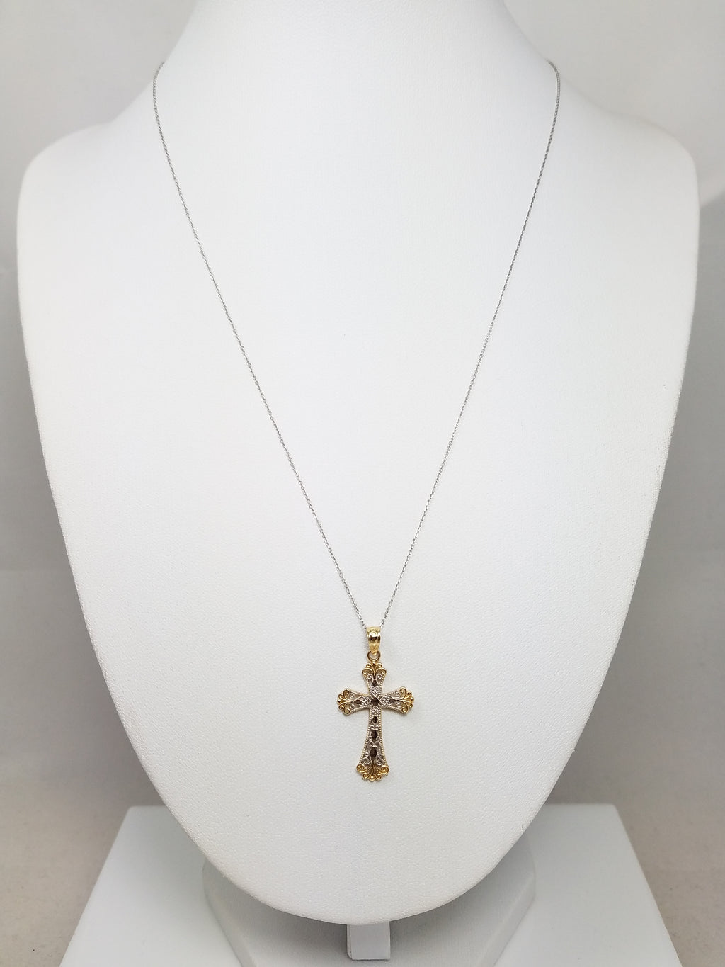 14k Two Tone Gold Filigree Cross Pendant Necklace