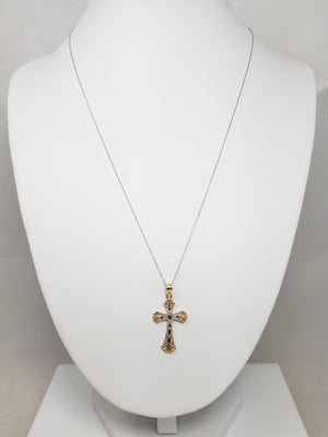 14k Two Tone Gold Filigree Cross Pendant Necklace
