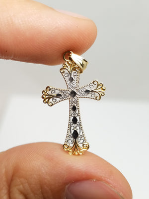 14k Two Tone Gold Filigree Cross Pendant Necklace