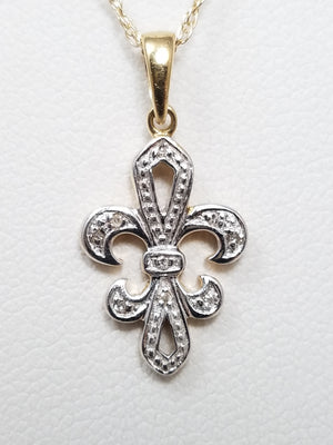 Dainty 18" 10k Yellow Gold Natural Diamond Fleur De Lis Pendant Necklace