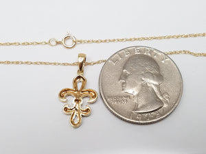 Dainty 18" 10k Yellow Gold Natural Diamond Fleur De Lis Pendant Necklace