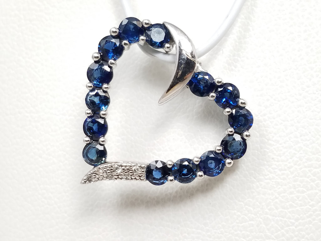 Sophisticated 14k White Gold Natural Sapphire Diamond Heart Pendant