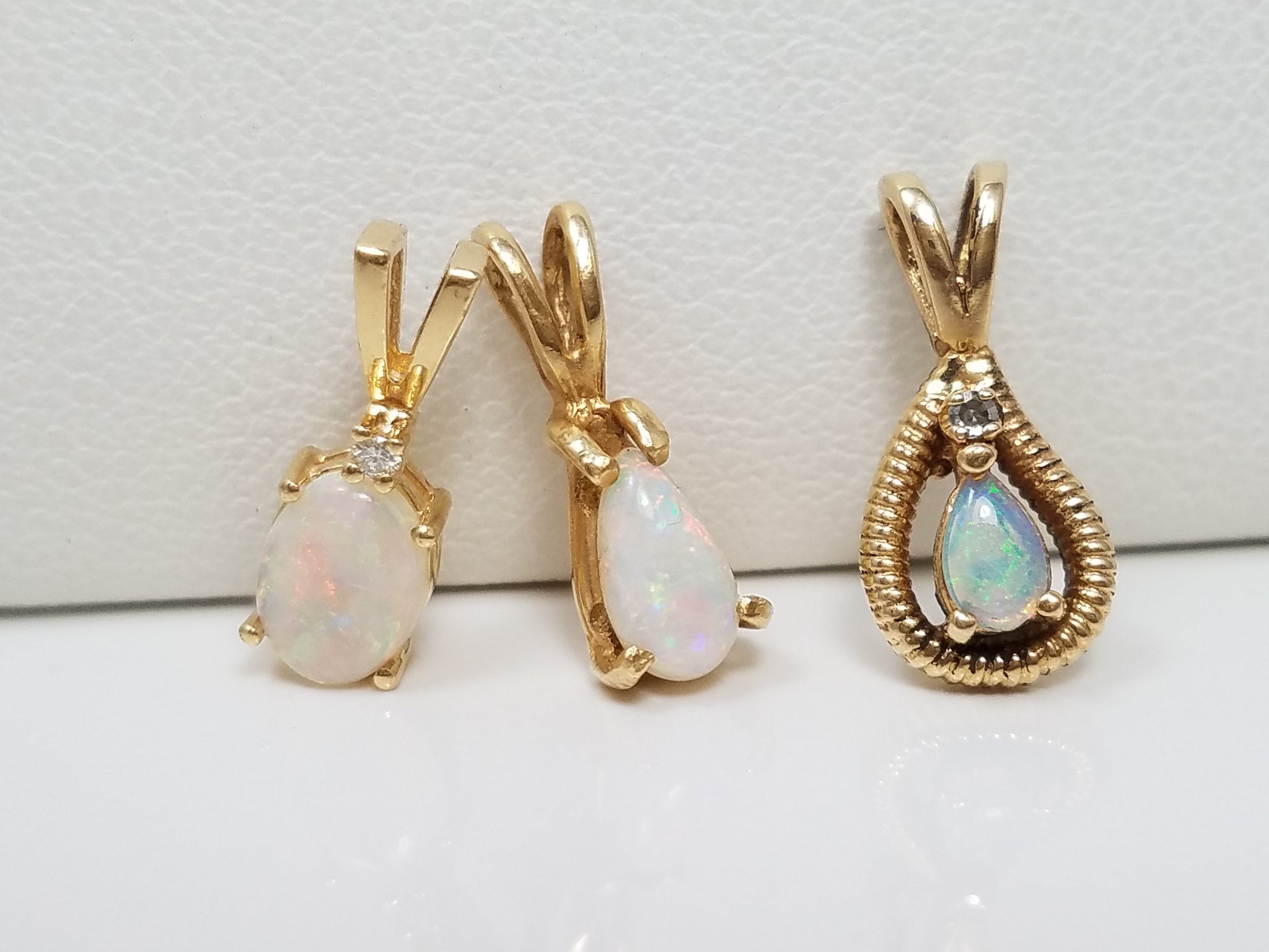 Three Elegant 14k Yellow Gold Natural Australian Opal Diamond Pendant Lot